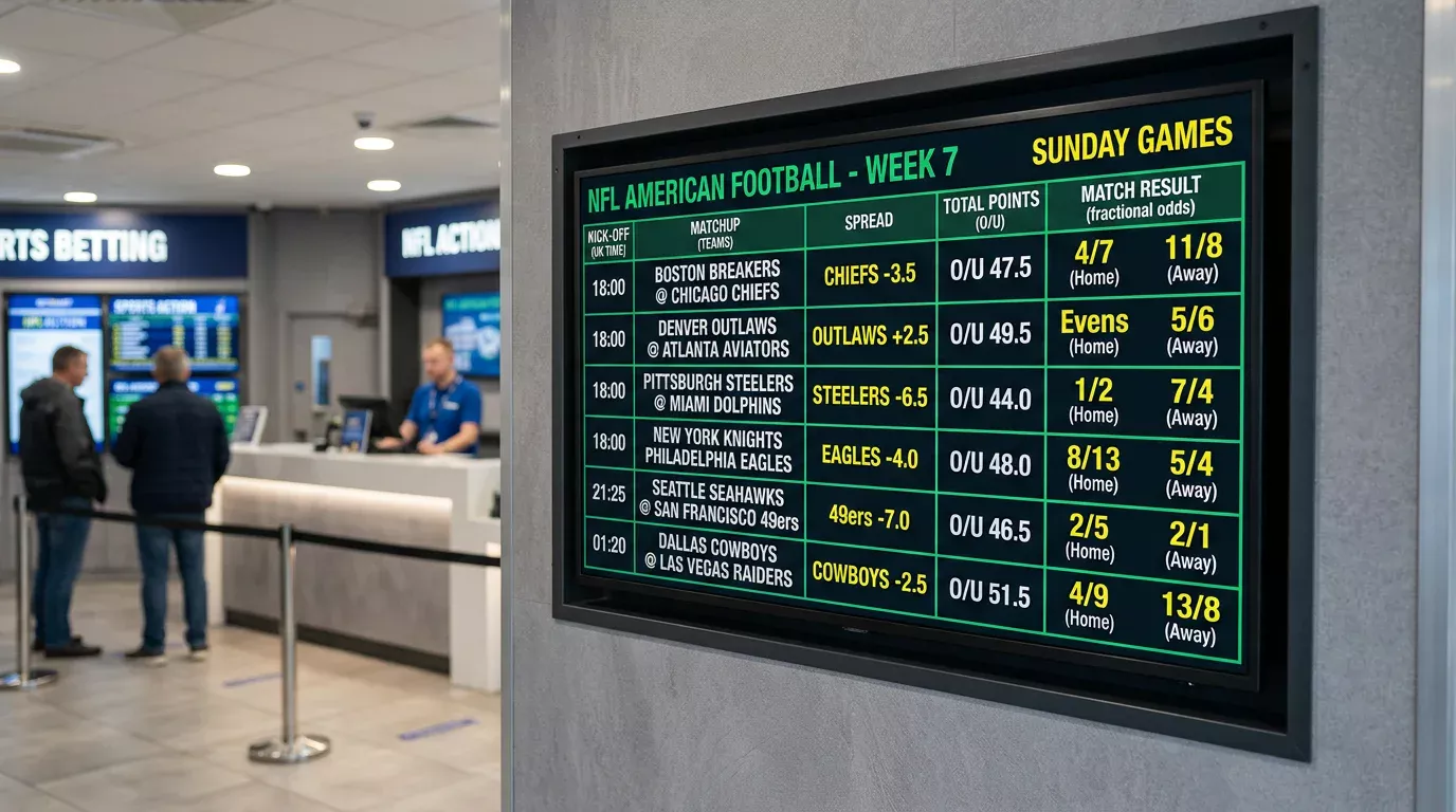 NFL betting odds board showing spread moneyline and totals at a UK bookmaker