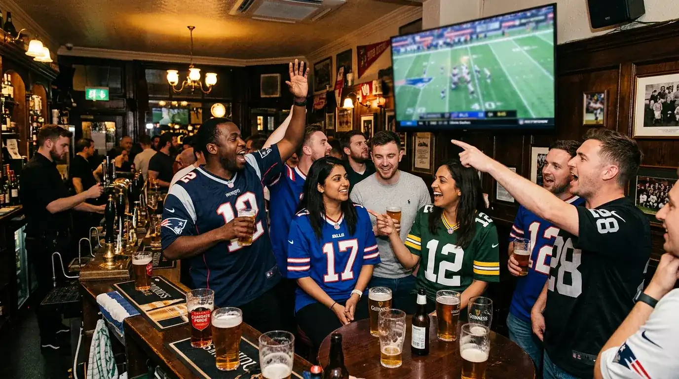 NFL fans watching a game in a UK pub with betting odds displayed on screens