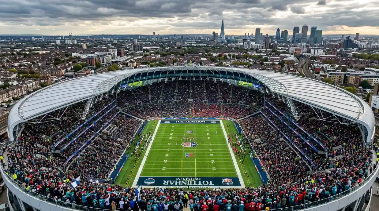 NFL London Game at Tottenham Hotspur Stadium with a packed crowd and American football field markings