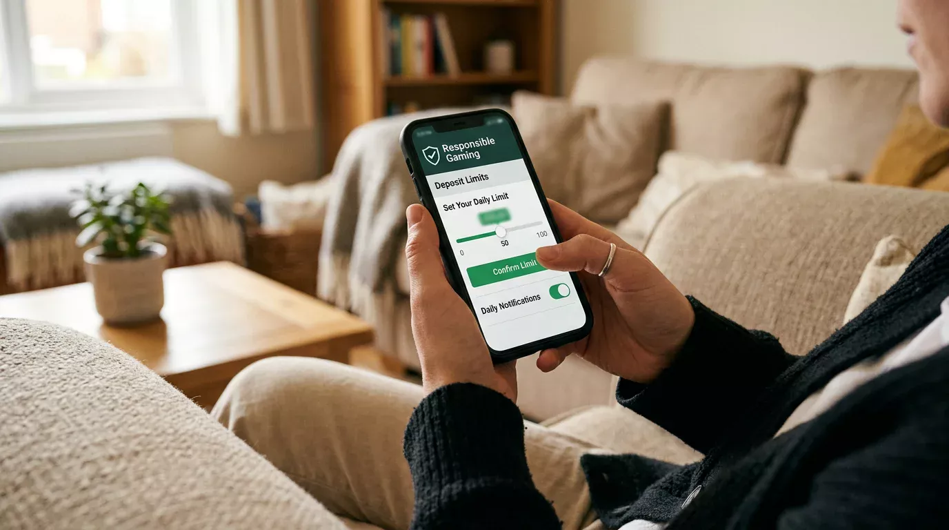 Smartphone displaying responsible gambling tools including deposit limits and self-exclusion options